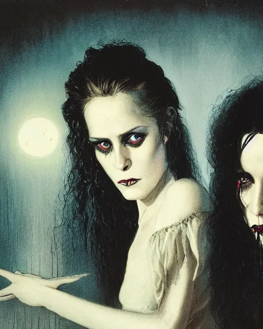 Prompt: two handsome but sinister, creepy young women in layers of fear, with haunted eyes and wild hair, 1 9 7 0 s, seventies, wallpaper, a little blood, moonlight showing injuries, delicate embellishments, painterly, offset printing technique, by john howe, brom, robert henri, walter popp