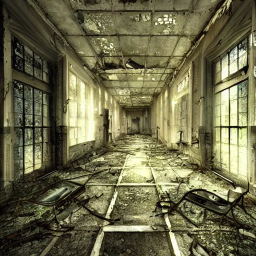 Image similar to Abounded Asylum in the middle of a dense forest, Dynamic lighting, Realism, Realistic,