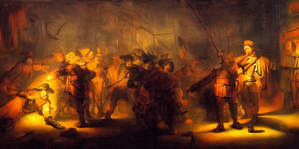 Prompt: futuristic neon lighting scene of death of the money lenders, futuristic oil painting by rembrandt with led panel screens and projections, dynamic lighting, black and orange colour palette