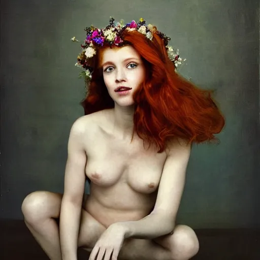 Image similar to !dream Fine art photo of the most beautiful woman, she is redhead, she is posing while maintain a sweet eye contact to the camera, she has a crown of flowers, she has perfect white teeths, the photo was taking by Annie Leibovitz, matte painting, oil painting, naturalism