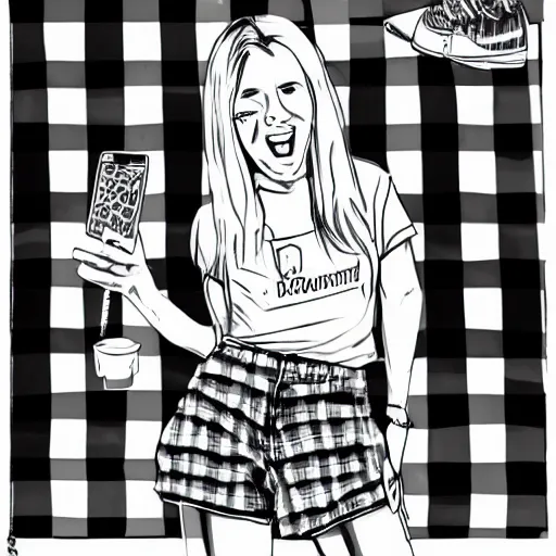 Prompt: perfectly symmetrical young blonde haired girl grinning, wearing cuffed jean shorts and a plaid shirt, black and white cartoon art, extremely fine thick black lines