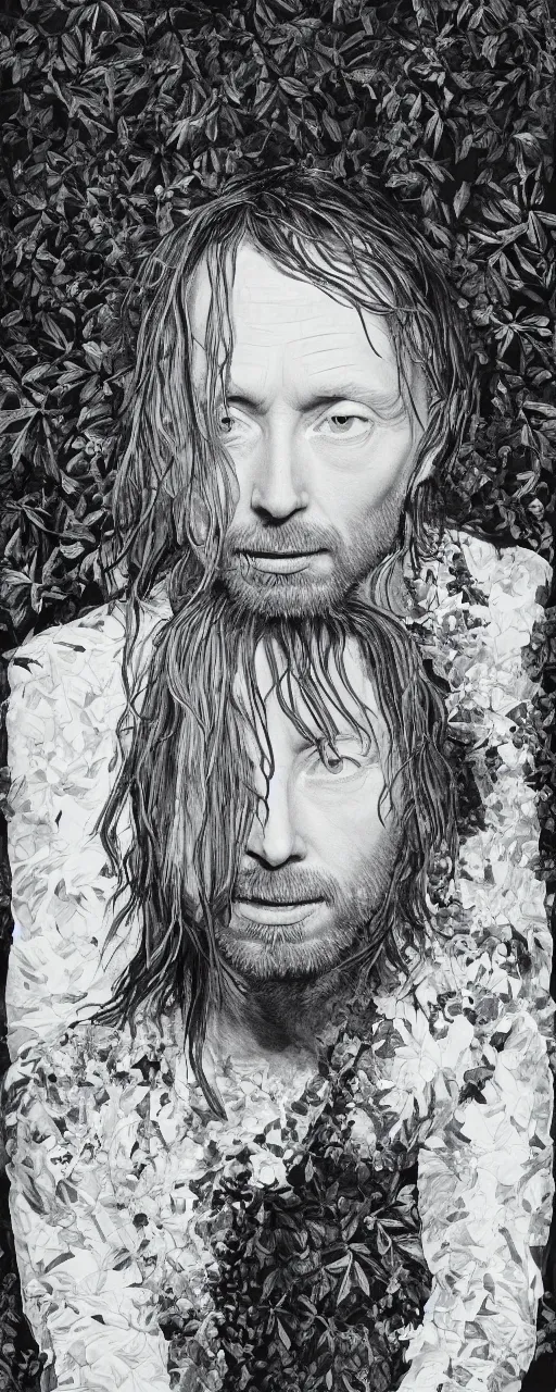 Prompt: disco diffusion portrait of Thom Yorke, hiding in the bushes looking shifty