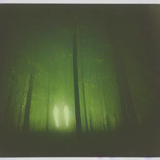 Prompt: a ufo with glowing lights flying over a forest at night, old polaroid, expired film,