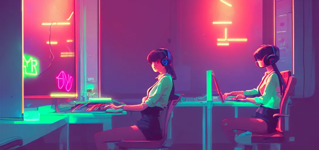 Prompt: a woman sitting in front of screens, gamer, computer nerd, cute room, neon lights, gamer aesthetic, lofi vibes, strong crisp lineart and flat color, by ilya kuvshinov, krenz cushart, Greg Rutkowski, trending on artstation