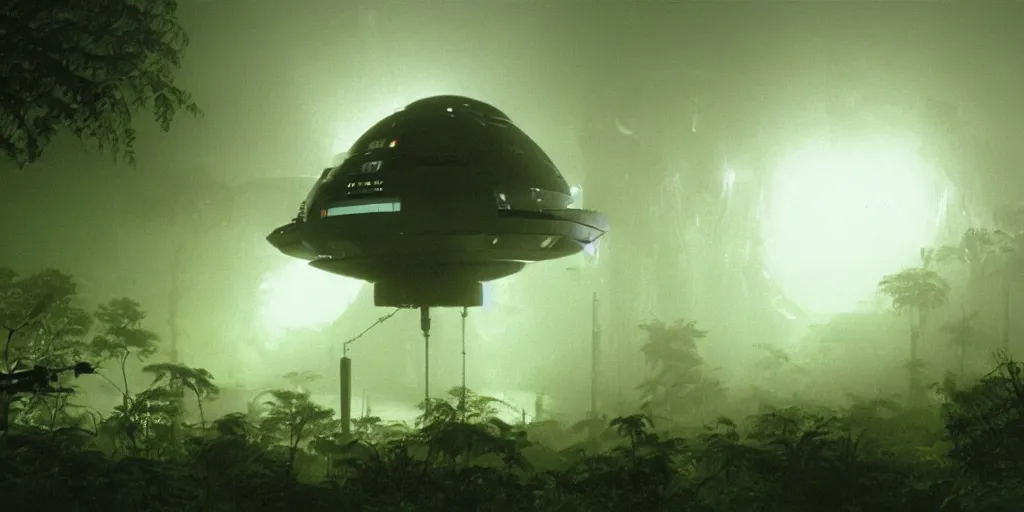 Image similar to film still of a dark futuristic scientific research outpost with complicated machinery and lasers in a moist foggy jungle, science fiction, ridley scott, lights through fog, futuristic outpost building, wet lush jungle landscape, dark sci - fi, 1 9 8 0 s, beige and dark atmosphere, ridley scott