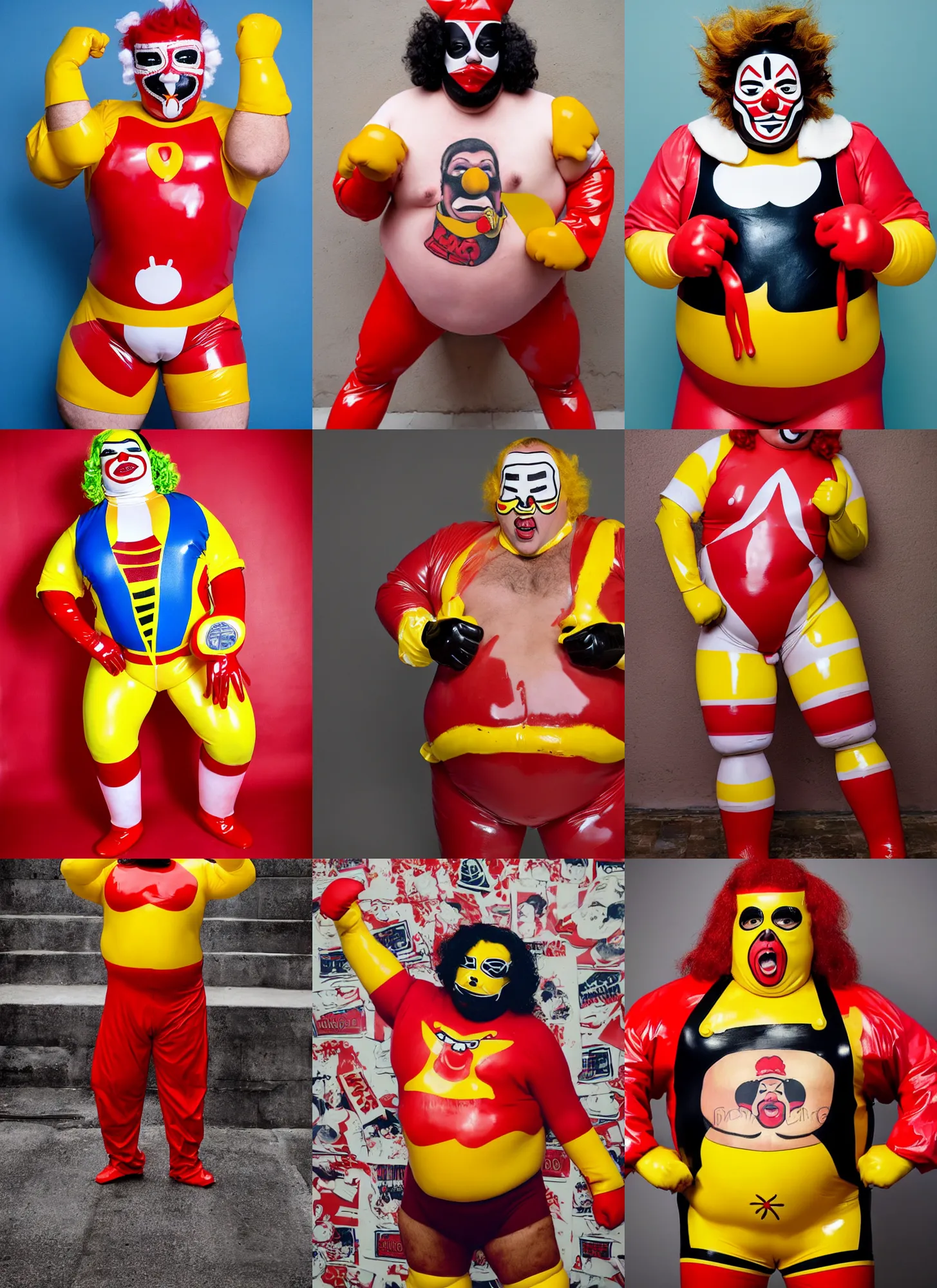 Prompt: portrait of a very chubby looking Lucha libre dressed in Ronald McDonald rubber latex costume with red and white color latex sleeves, hamburger tattoo graphics on bare hairy chest, yellow latex gloves, red Ronald McDonald hair
