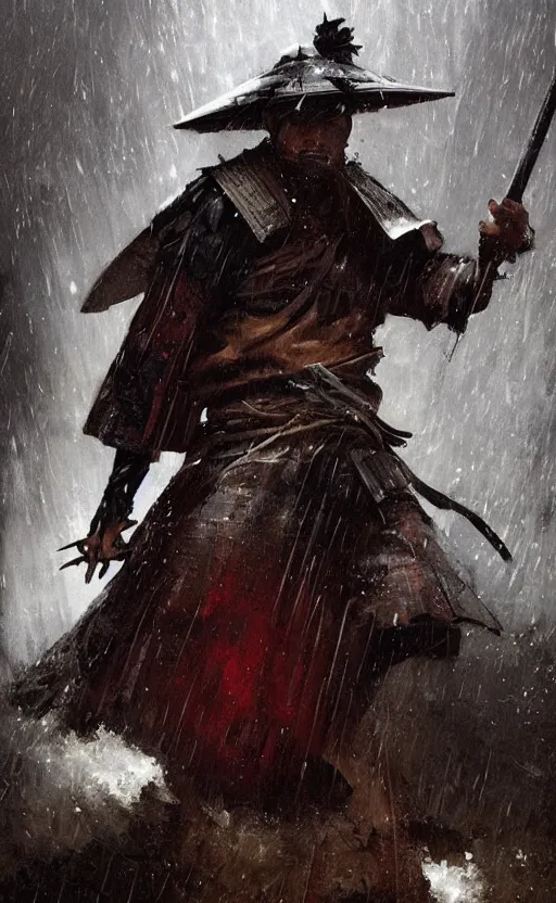 Prompt: samurai in rain, arcane, by fortiche, by greg rutkowski, esuthio, craig mullins, wlop