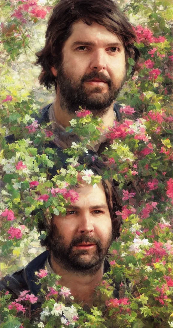 Image similar to romantic detailed portrait of gabriel boric surrounded by beautiful flowers, by gregory manchess, james gurney, james jean