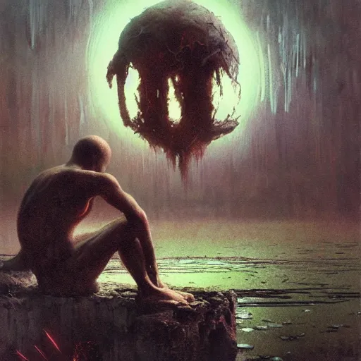 Prompt: the crimson moon shatters far above, still cross legged figure floating above pond by craig mullins, ruan jia, liang mark, beksinski, wayne barlowe, peter gric, jama jurabaev