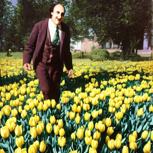 Image similar to photo of herbert butros khaury as singer tiny tim, tiptoeing through the tulips, walking on tiptoes