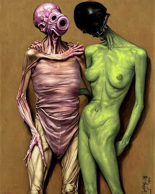 Image similar to two skinny old people with extra limbs, wearing gas masks, bodies wrapped in robes of gold, green and pink, during a biohazard apocalypse, cinematic, dystopian, eerie, horror, gothic, highly detailed painting by Jenny Saville, Esao Andrews, Francis Bacon, !!!Edward Hopper!!! surrealism, art by Takato Yamamoto and !!!James Jean!!!