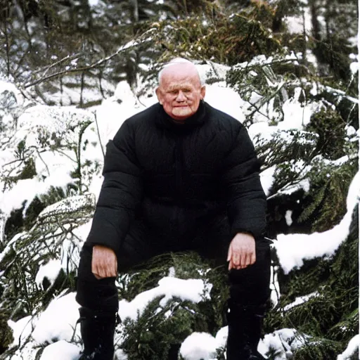 Prompt: john paul ii posing in a black puffed nuptse, black cargo pants and high black boots, press paparazzi photograph