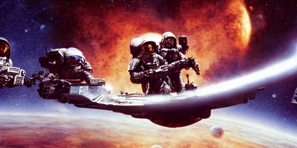 Prompt: color film still, space marines in the space ship ; alien 2 ( 1 9 8 6 )