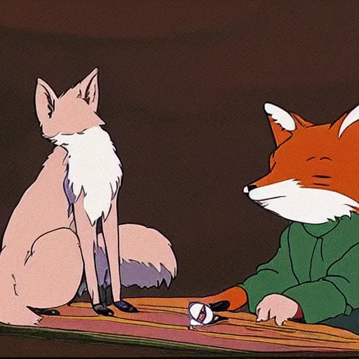 Image similar to the scene where a fox reads tarot cards in studio ghibli's spirited away