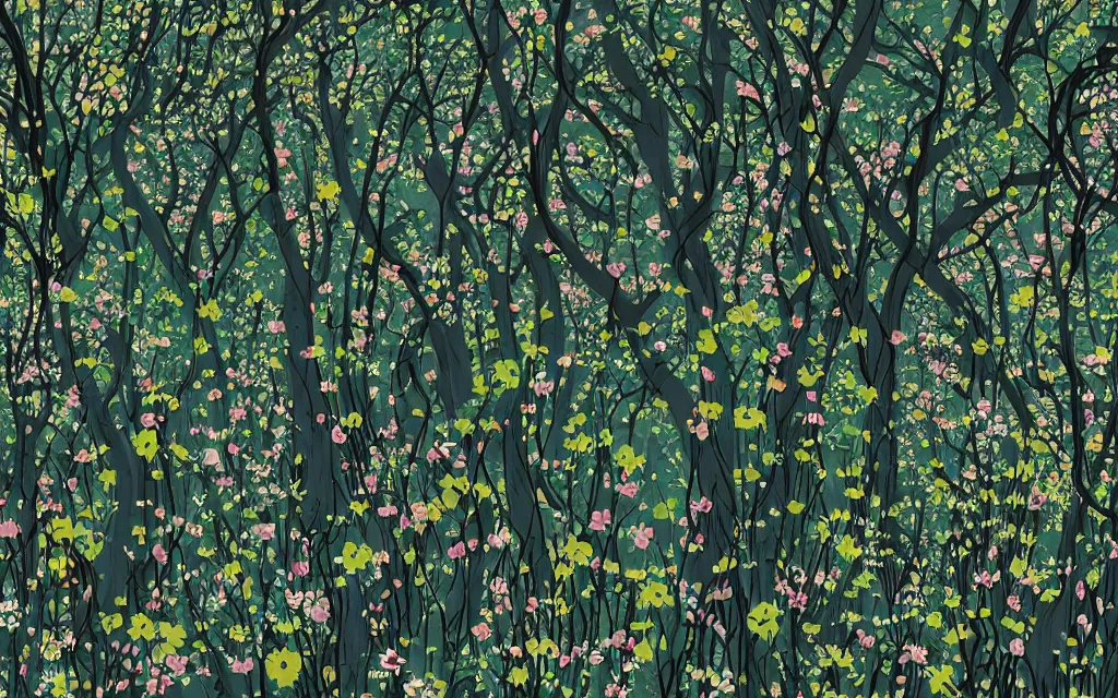 Image similar to a sprawling flowery meadow with tall trees, in the style of Eyvind Earle