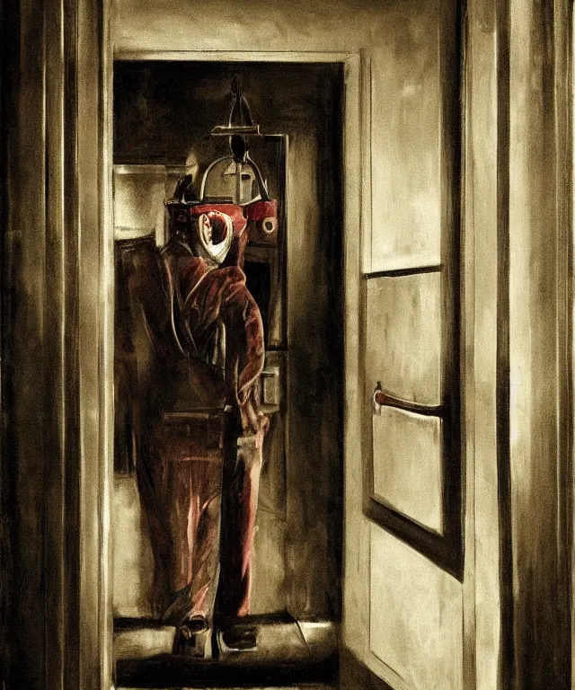 Prompt: horrifying full color photorealistic painting of a 1 9 2 5 hotel elevator lobby, with a screaming bellhop embedded in the wall, dark, atmospheric, brooding, smooth, finely detailed, cinematic, epic, in the style of lee gibbons