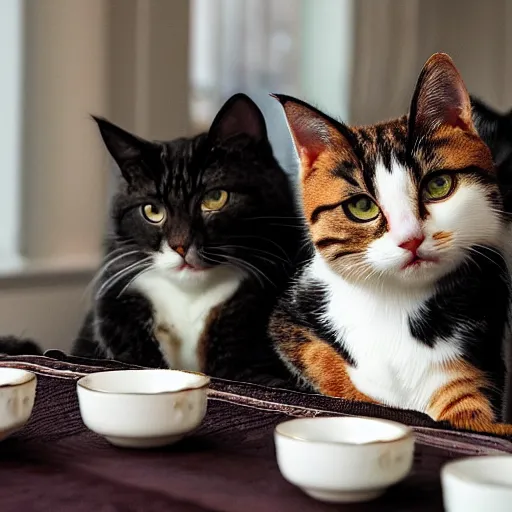 Image similar to two calico cats and a tabby cat enjoy cups of tea together at an upscale party, award winning photo