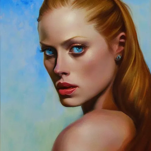 Image similar to ultra realistic portrait painting of deborah ann woll, art by frank frazetta, 4 k, ultra realistic, highly detailed, epic lighting