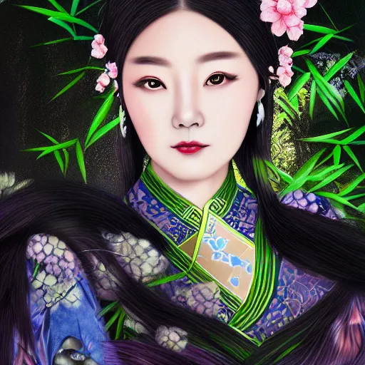 Image similar to photorealistic dramatic fantasy digital painting of a beautiful chinese woman wearing a qipao who is partially transforming into a werepanda, in the moonlit bamboo forest at night. physiological transformation ; hybrid creature that is half panda and half human. highly - detailed professional art.