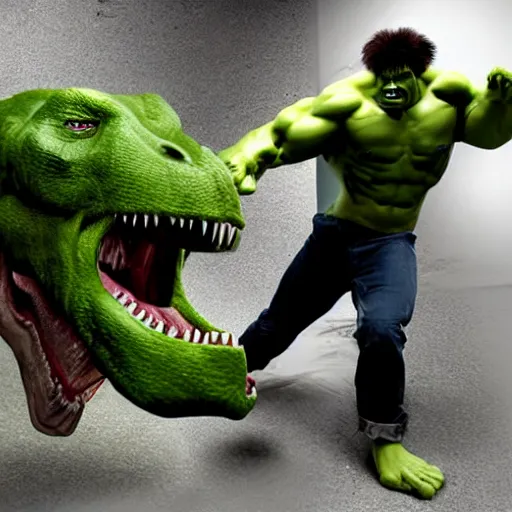 Image similar to hulk eating a dinosaur, behind the scene, 8 k,