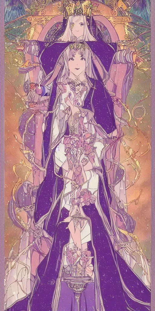 Prompt: a mystical woman priestess sitting on a throne, the divine feminine, drawn by studio UFOTABLE, pastel colors, Tarot cards. The empress tarot card, detailed, anime