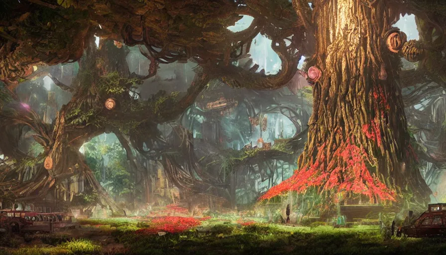 Image similar to ben lo illustration of the largest tree in the world inside rapture, bioshock concept art, solarpunk, hopeful, colorful, flowers, deity, unreal engine, hyper realism, realistic shading, cinematic composition, realistic render, octane render, detailed textures, photorealistic, wide shot