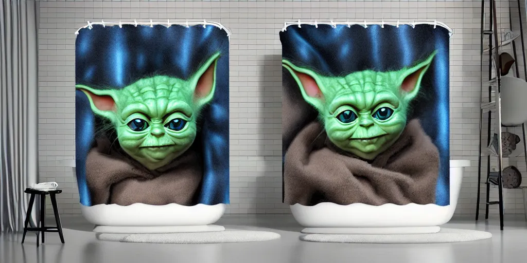 Prompt: a ( ( ( ( ( maine coon kitten ) ) ) ) ) baby yoda artwork themed shower curtain, shower curtain. product photography. product lighting. digital art. 4 k, highly detailed. saturated.