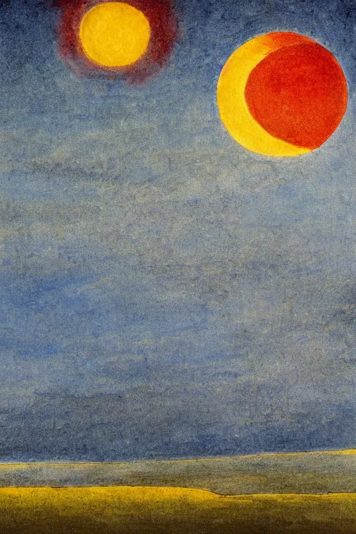 Image similar to painting of a plain landscape with large red sun at the top in the style of william blake