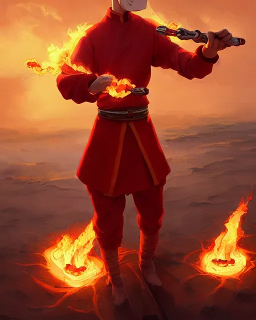 Image similar to [ squidward ] wearing fire nation clothing and practicing firebending outside at susnset, oil painting, highly detailed, intricate, hd, sharp focus, photorealistic, by moebius and greg rutkowski, trending on artstation, trending on cgsociety, realistic shading and lighting