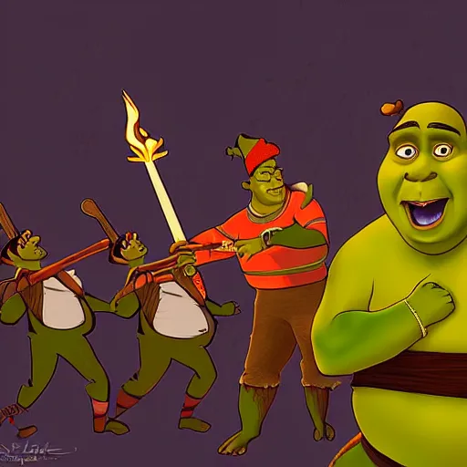 Image similar to shrek scene with the angry mob with pitch forks and torches, indian chad male with lush beard playing as shrek, followed by an angry mob with torches, digital art, 2 d art