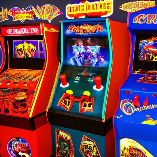 Image similar to retro arcade filled with satanic arcade cabinets, Canon eos, 8k hd resolution