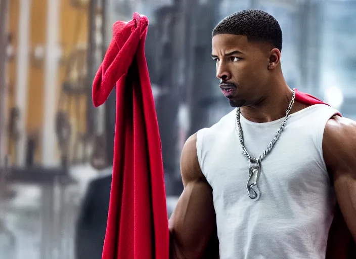 Image similar to film still of michael b jordan as spawn in the new spawn movie, giant chains, large cape, 8 k
