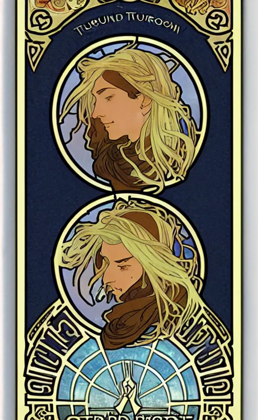 Image similar to D&D round token of an air genasi wizard, cloudy border by Alphonse Mucha