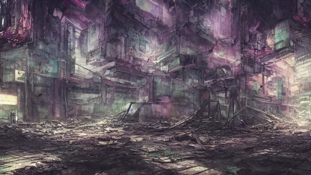 Image similar to an apocalyptic ruins in a destroyed tokyo in the year 2 3 0 0, pastel, colorful, foggy, digital art