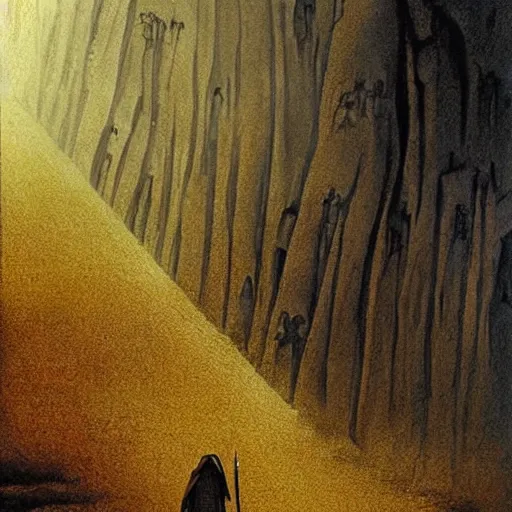 Image similar to A scene from The Lord of the Rings, with Frodo and Sam walking through Mordor. The colors are very dark and ominous, and the composition is very simple. This is an illustration, done in a traditional painting style with a focus on light and shadow. The artist is Alan Lee, and the artwork is called The Journey