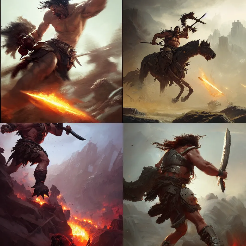 Prompt: a beautiful action portrait of a barbarian charging into battle by Greg Rutkowski and Raymond Swanland, Trending on Artstation, ultra realistic digital art