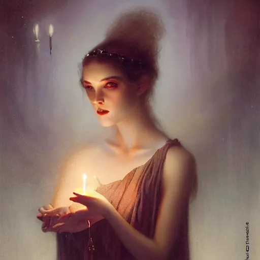 Image similar to pale young ghost girl, by tom bagshaw, by gaston bussiere, by jean deville, candlelight
