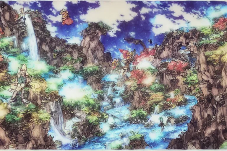 Prompt: A Final Fantasy waterfall landscape with a group of fantasy heroes by Yoshitaka Amano and Shigenori Soejima, concept art, crayons and watercolor sketch