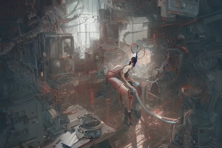 Image similar to hyperrealistic photography of a machine entering a female host in the style of Jin Kagetsu, James Jean and wlop, highly detailed, sharp focus, intricate concept art, digital painting, ambient lighting, 4k, artstation