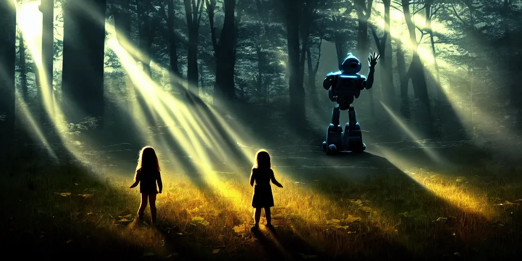 Prompt: sci - fi scene future new york, one little girl holding the hand of an iron giant robot, forest punk, crepuscular rays, epic scene, hyper realistic, photo realistic, overgrowth, cinematic atmosphere, ethereal lighting,