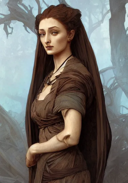 Image similar to sansa mummy of death brown, intricate, elegant, highly detailed, digital painting, artstation, concept art, smooth, sharp focus, illustration, art by artgerm and greg rutkowski and alphonse mucha and william - adolphe bouguereau