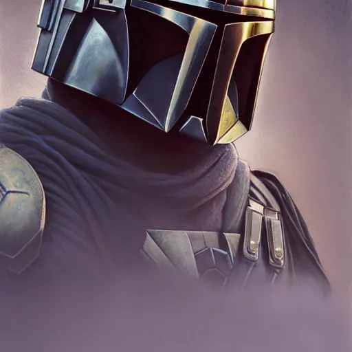 Image similar to the mandalorian, portrait, concept art by doug chiang cinematic, realistic painting, high definition, concept art, portait image, path tracing, serene landscape, high quality, highly detailed, 8 k, soft colors, warm colors, turbulent sea, high coherence, anatomically correct, hyperrealistic, concept art, defined face, symmetrical 5