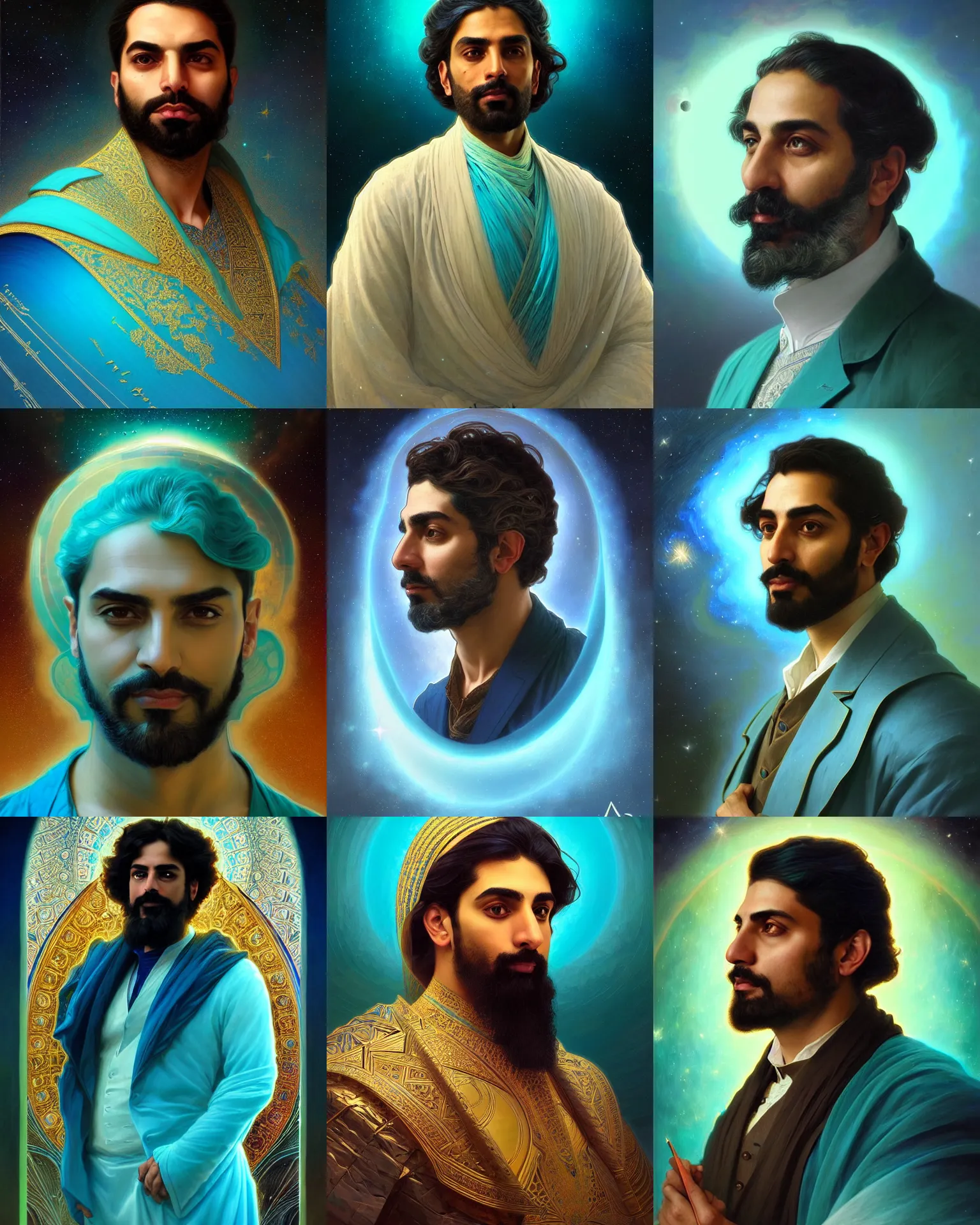 Prompt: portrait of a Persian architect and astronomer, handsome man, heroic pose, Turquoise colors, dramatic lighting, volumetric lighting, intricate, highly detailed, digital painting, artstation, concept art, smooth, sharp focus, illustration, art by artgerm and greg rutkowski and alphonse mucha, footage from space camera