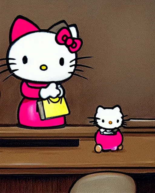 Image similar to Hello Kitty, in a courtroom, Dramatic painting