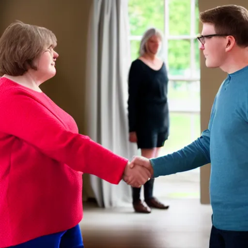 Image similar to jerma985 shaking hands with Cathy Mitchell, wide shot, 4k, professional photography, detailed