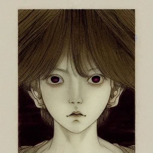 Image similar to prompt: Fragile looking vessel portrait face drawn by Katsuhiro Otomo, inspired by Carlo Dolci, magical and alchemical objects on the side, soft light, white background, intricate detail, intricate ink painting detail, sharp high detail, manga and anime 2000