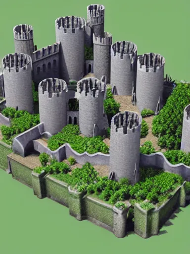 Image similar to medieval castle in a jungle with towers and moat, 3 d, isometric, low poly