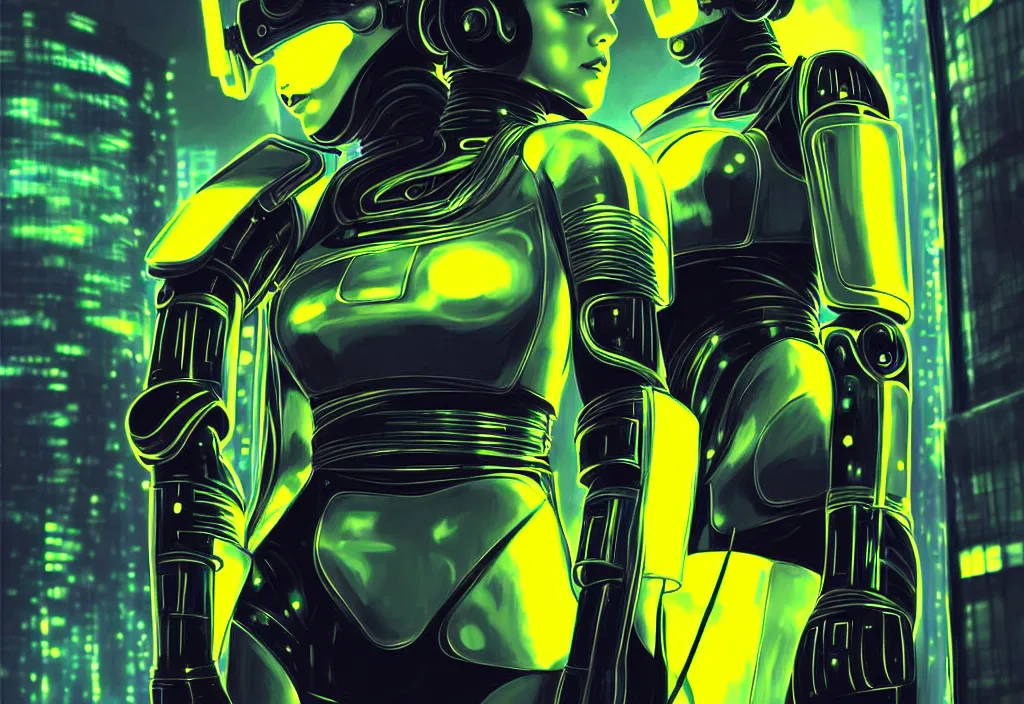 Prompt: futuristic armor ploice girl, metallic black and little yellow color wardrobe, at cyberpunk lights shibuya japan reflected night, ssci - fi, neon light and fantasy, intricate and beautiful, highly detailed, cyber concept art, digital painitng, smooth and sharp focus, illustration, art by tian zi and wlop and alphonse mucha