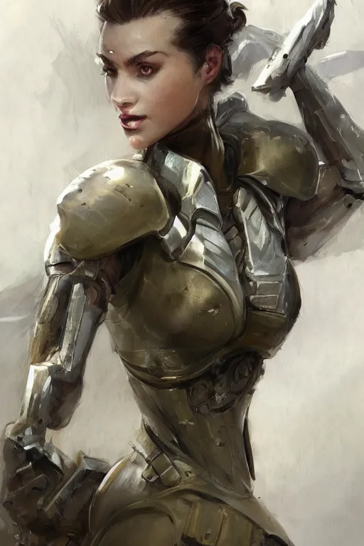 Image similar to a professionally painted portrait of an attractive young woman, clothed in military armor, olive skin, long dark hair, beautiful bone structure, symmetrical facial features, intricate, elegant, digital painting, trending on Artstation, concept art, smooth, sharp focus, illustration, from Metal Gear by Ruan Jia and Mandy Jurgens and Artgerm and William-Adolphe Bouguerea, award winning