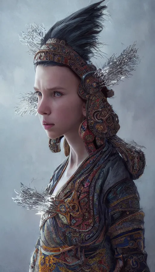 Image similar to girl millie bobby brown, mongolian shaman clothing, ritual, fame of thrones, fibonacci, sweat drops, intricate fashion clothing, insane, intricate, highly detailed, surrealistic, digital painting, artstation, concept art, smooth, sharp focus, illustration, unreal engine 5, 8 k, art by artgerm and greg rutkowski and alphonse mucha